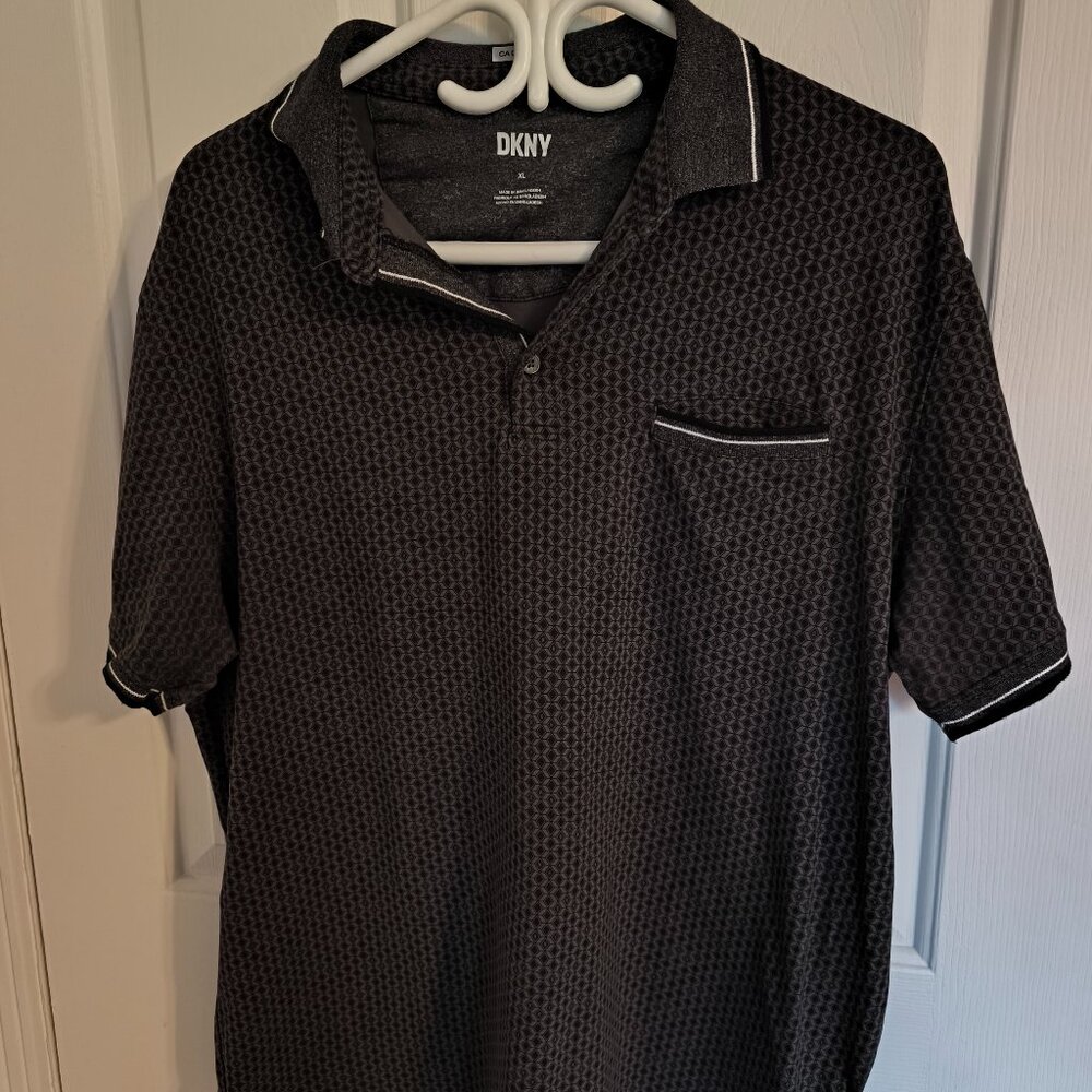 DKNY Black Patterned Polo Shirt Men’s XL Modern Casual